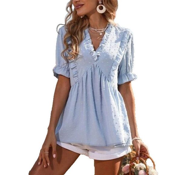 La Mode Tops - La Mode Blue Swiss Dot Ruffle Accent V Neck Top Size S